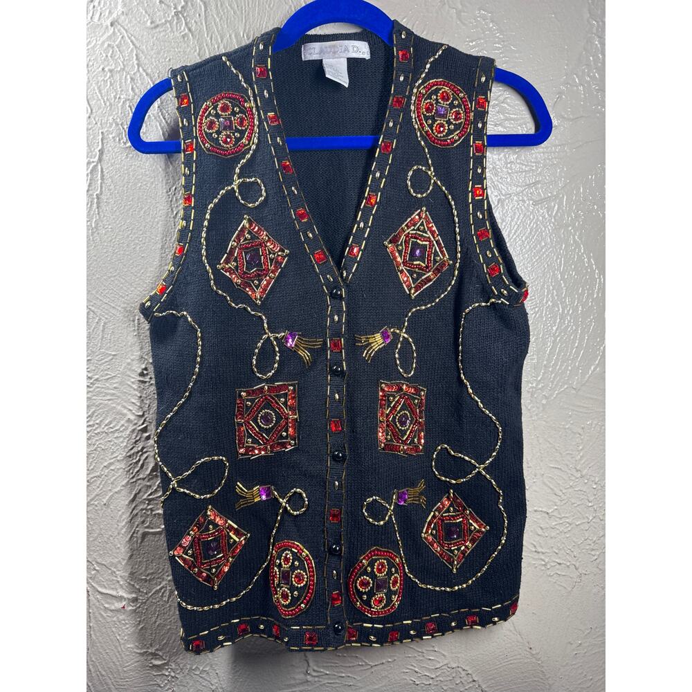 Vintage Claudia D‎ Sweater Vest Black Red Gold Beads V Neck Buttons Size Medium
